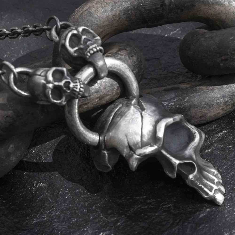 Real Solid 999 Sterling Silver Pendants Three Skulls Crack Punk Jewelry