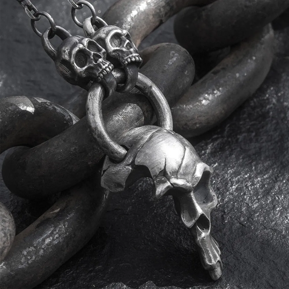 Real Solid 999 Sterling Silver Pendants Three Skulls Crack Punk Jewelry