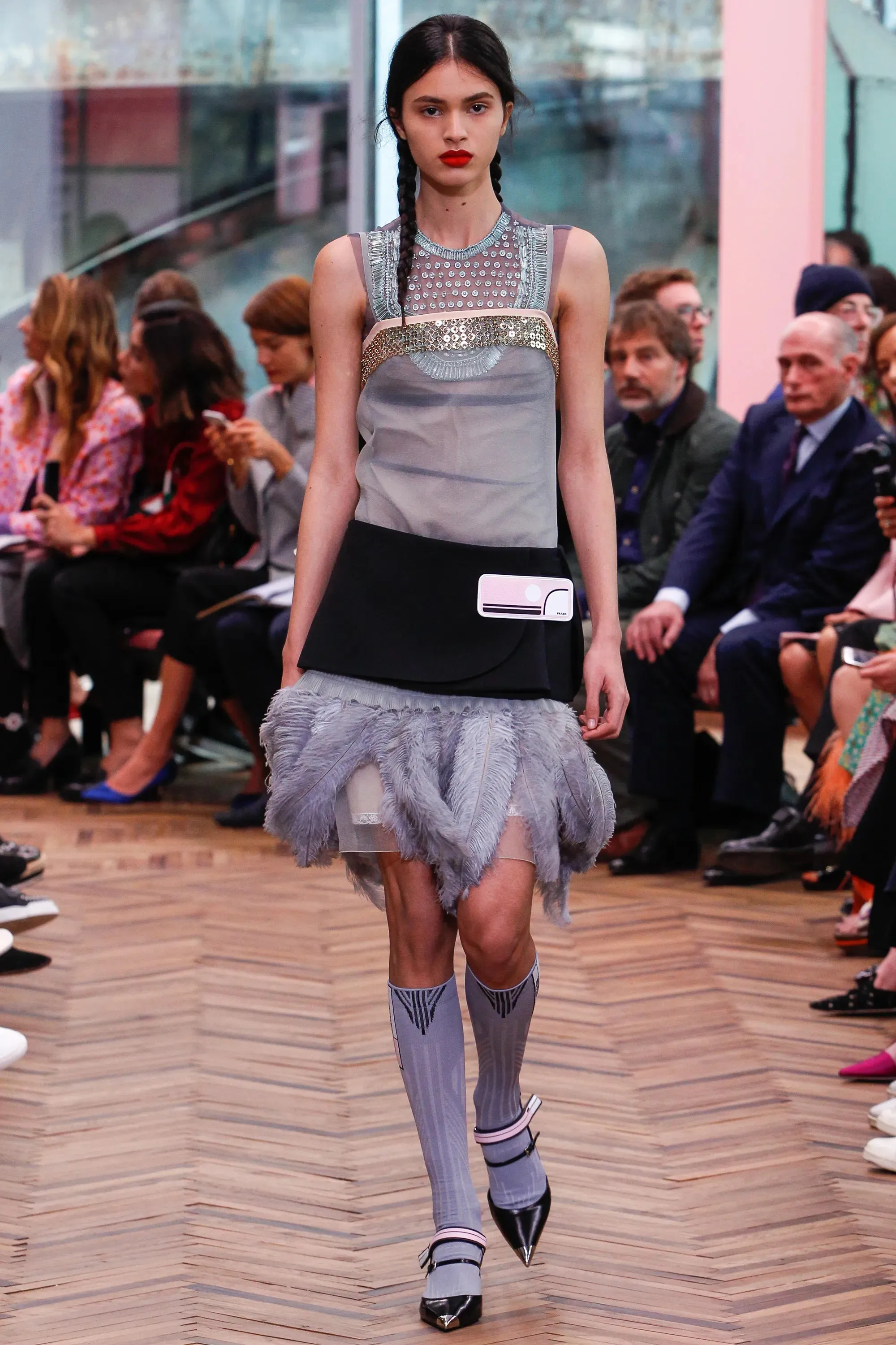 Resort 2018 Prada by Miuccia Prada Silk Organza Dress w Feather Hem