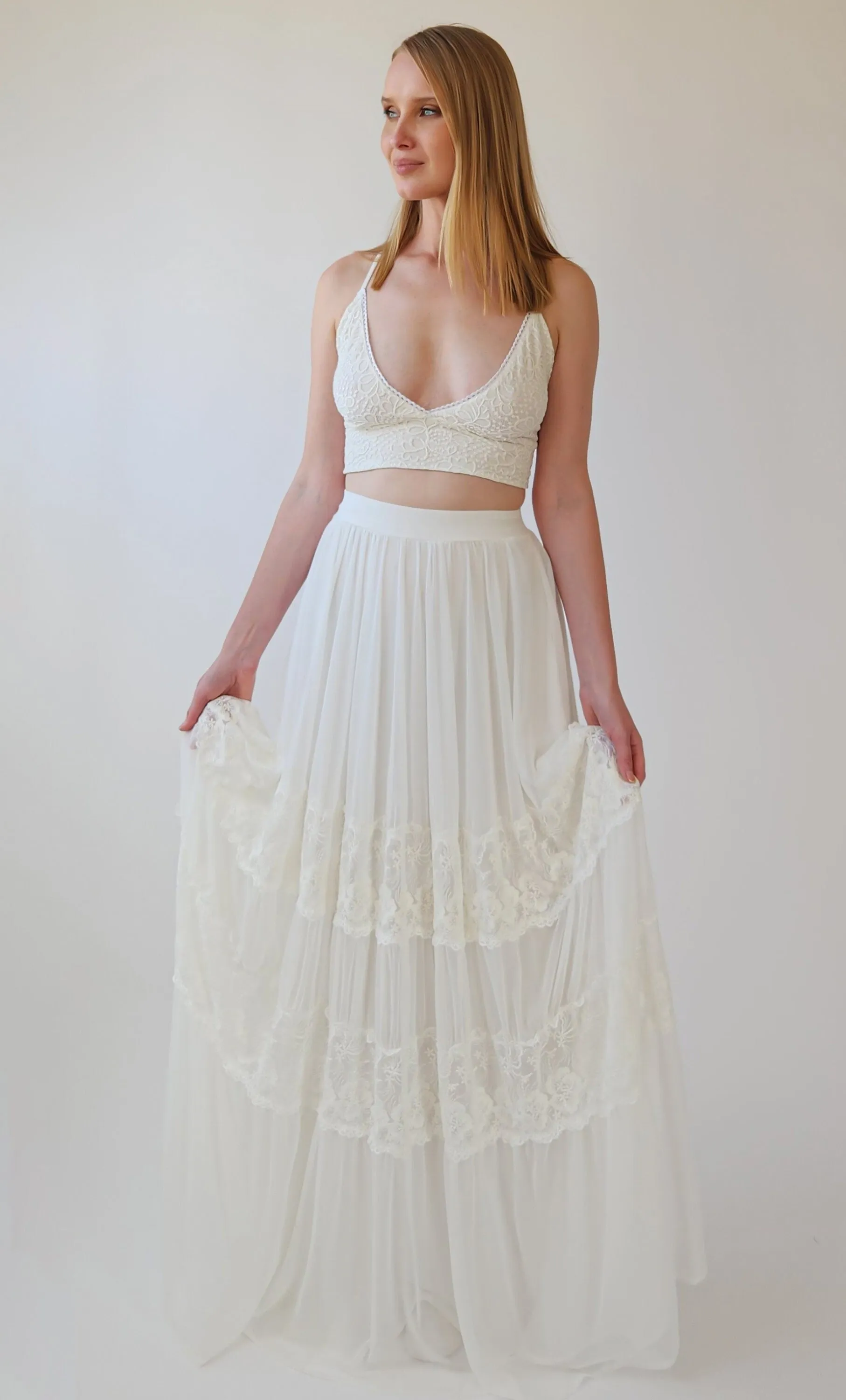 Romantic style Gipsy Bridal chiffon mesh skirt with insert vintage lace trims #3041