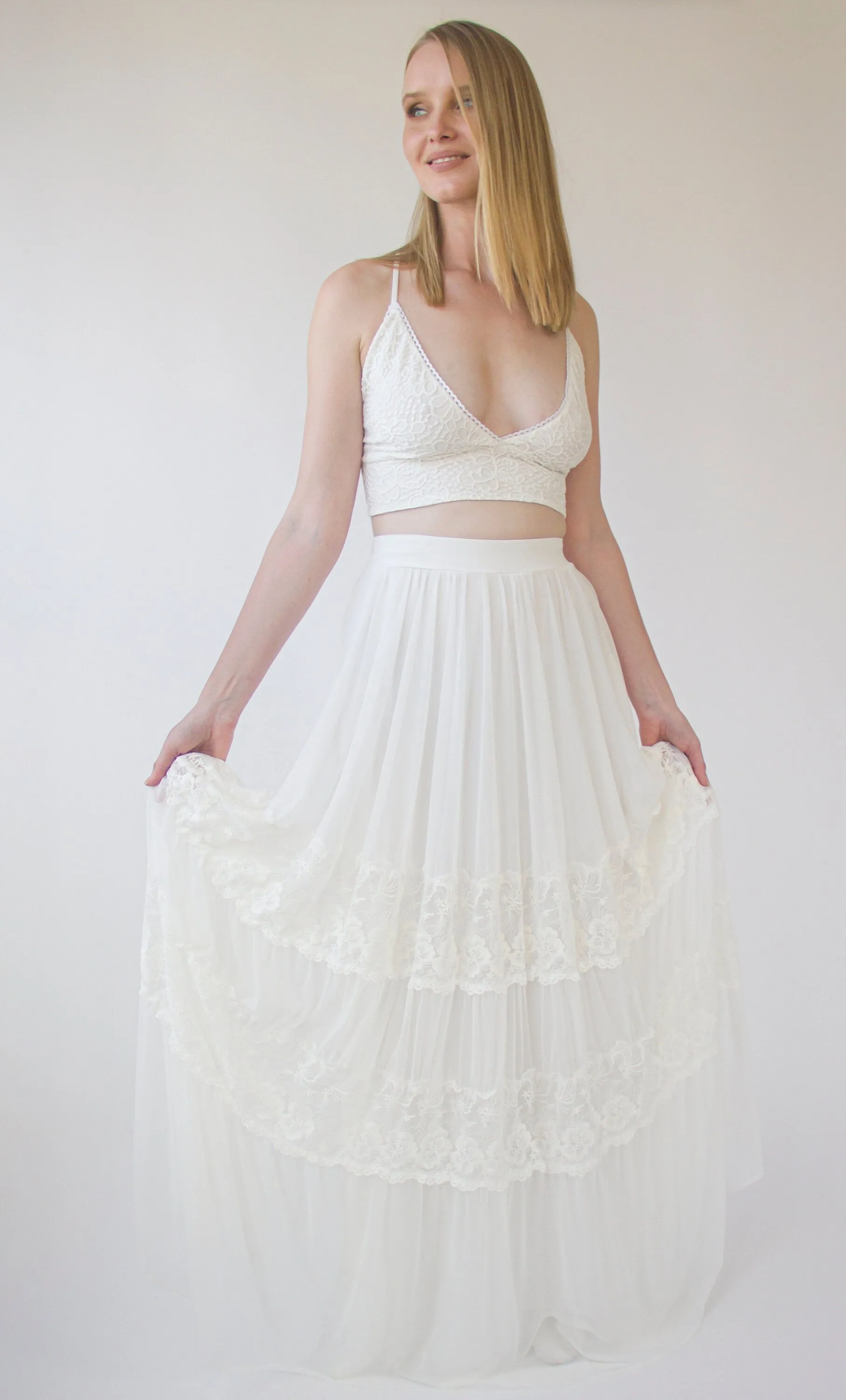 Romantic style Gipsy Bridal chiffon mesh skirt with insert vintage lace trims #3041