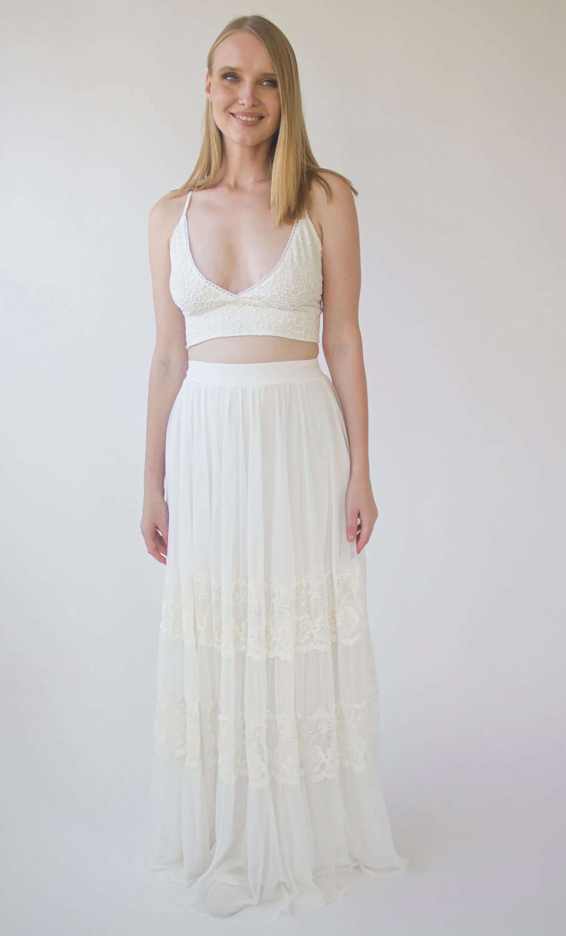 Romantic style Gipsy Bridal chiffon mesh skirt with insert vintage lace trims #3041