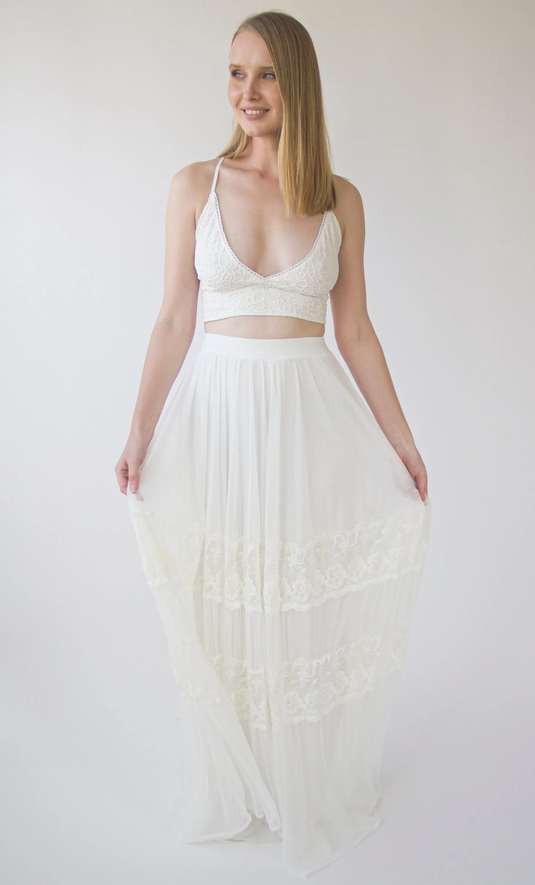 Romantic style Gipsy Bridal chiffon mesh skirt with insert vintage lace trims #3041