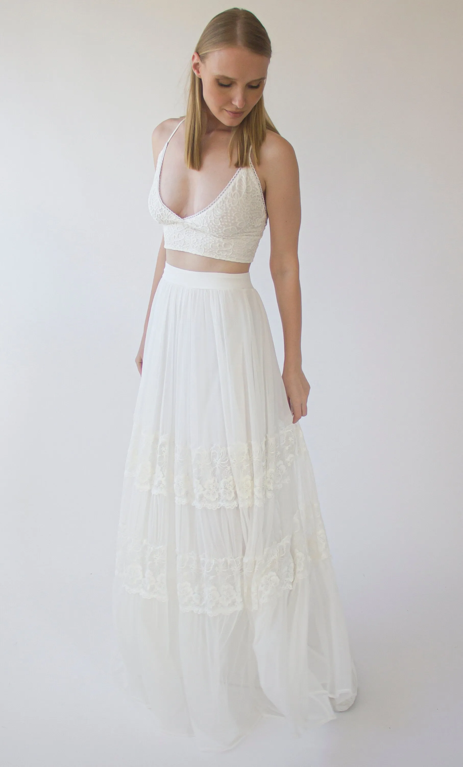 Romantic style Gipsy Bridal chiffon mesh skirt with insert vintage lace trims #3041