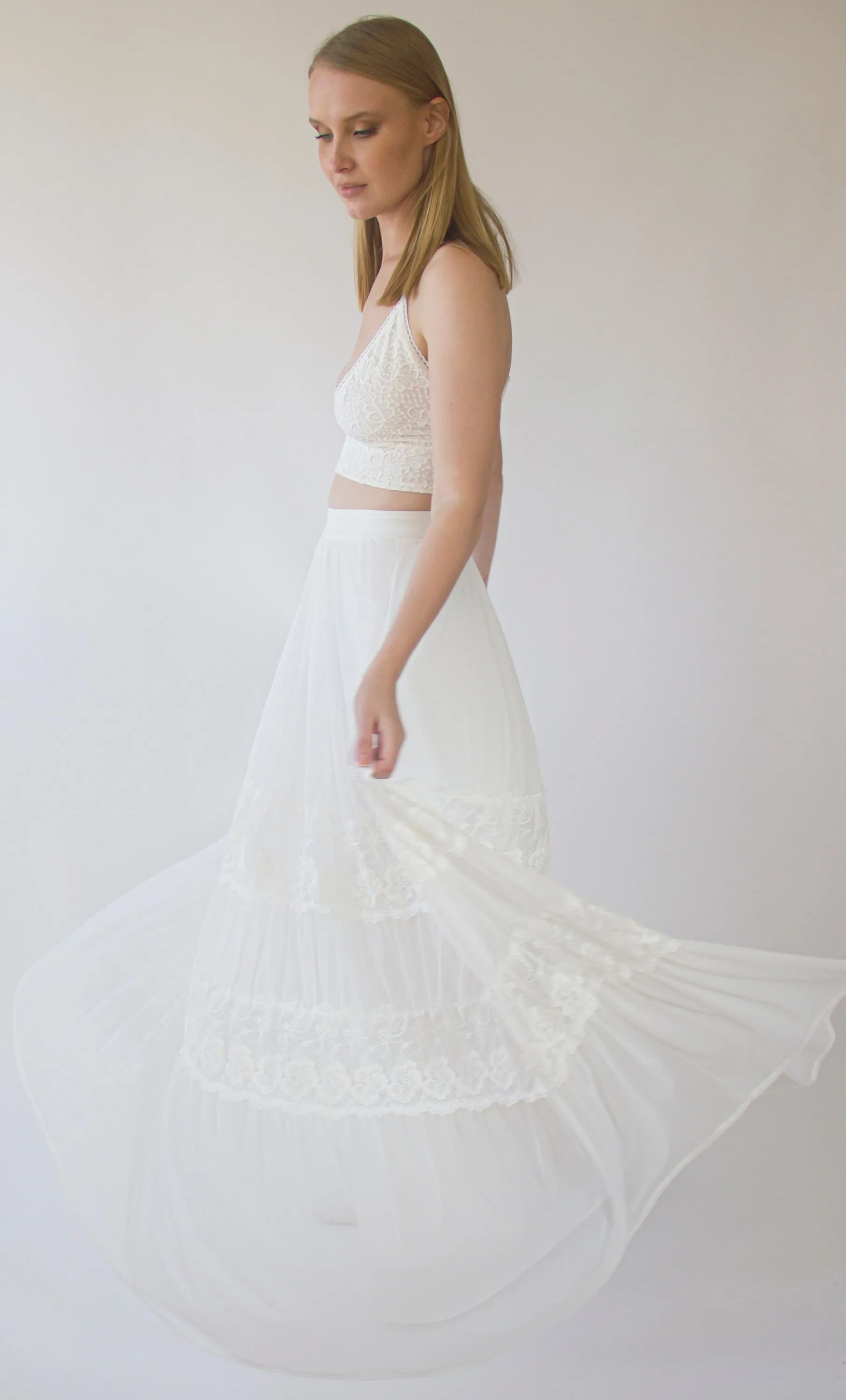 Romantic style Gipsy Bridal chiffon mesh skirt with insert vintage lace trims #3041