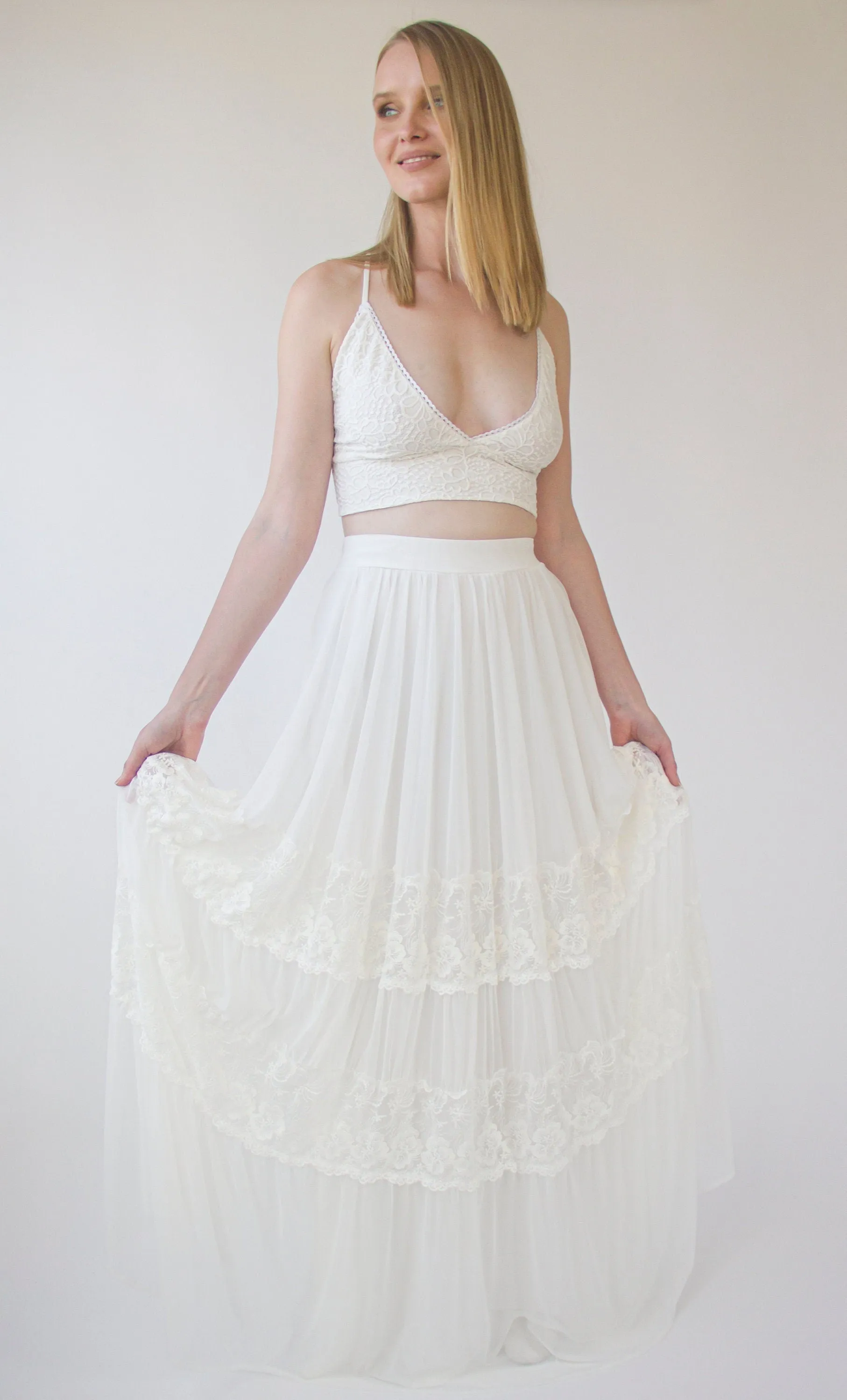Romantic style Gipsy Bridal chiffon mesh skirt with insert vintage lace trims #3041