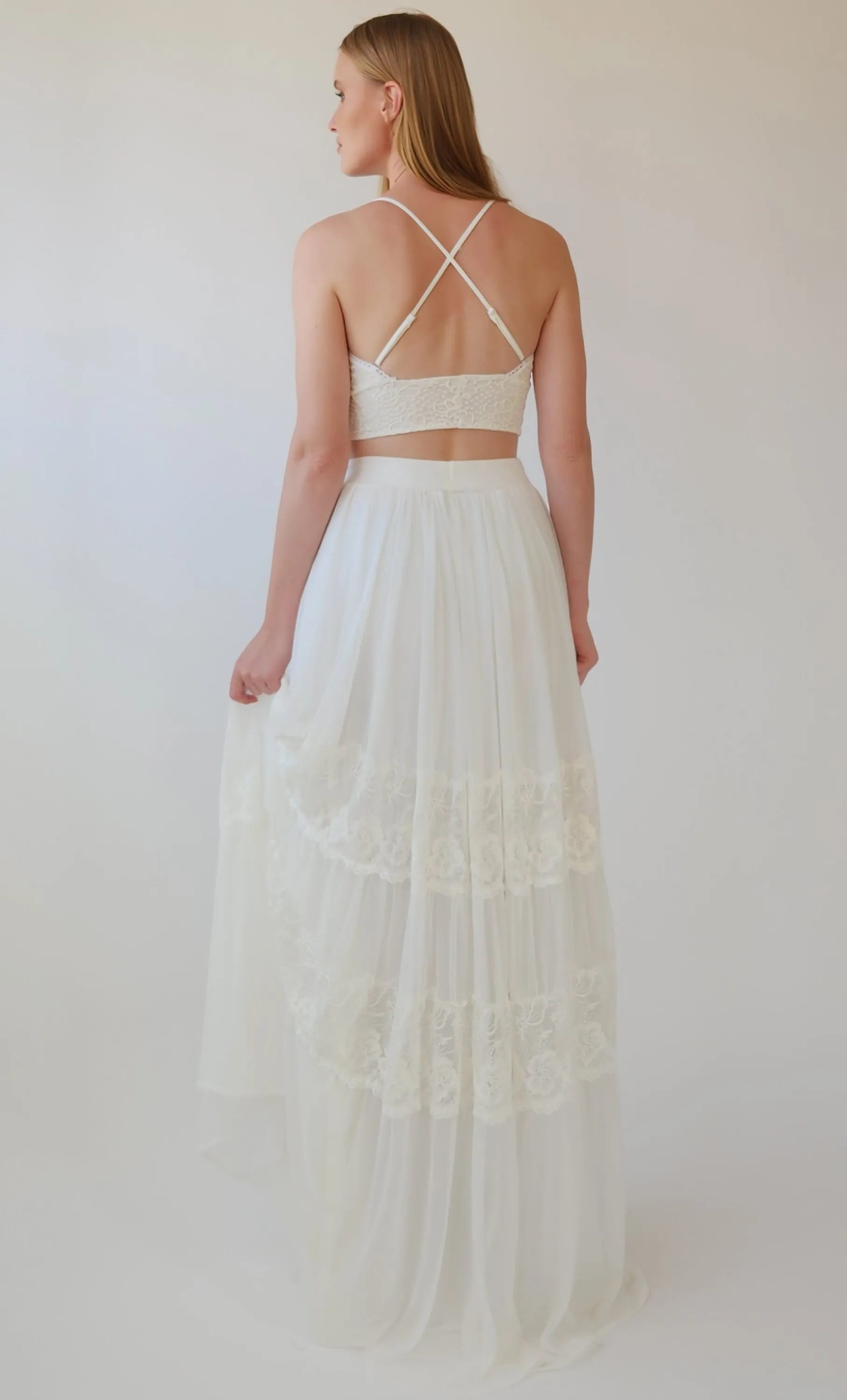 Romantic style Gipsy Bridal chiffon mesh skirt with insert vintage lace trims #3041