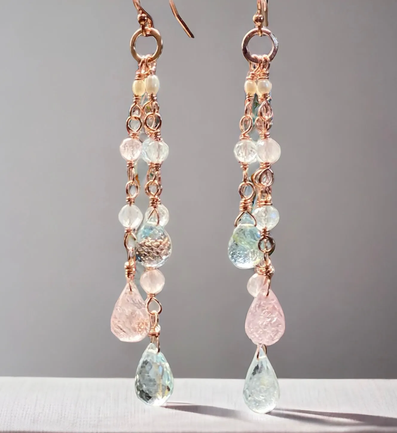 Rose Gold Aquamarine Gem Dangle Earrings, Long Tassel Style