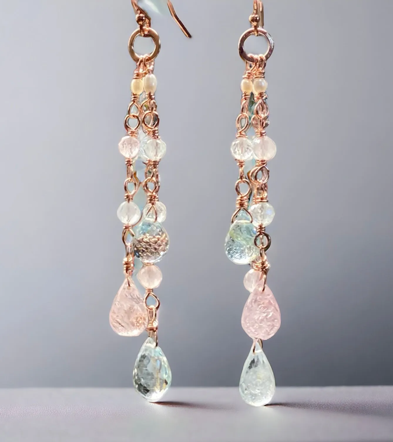 Rose Gold Aquamarine Gem Dangle Earrings, Long Tassel Style