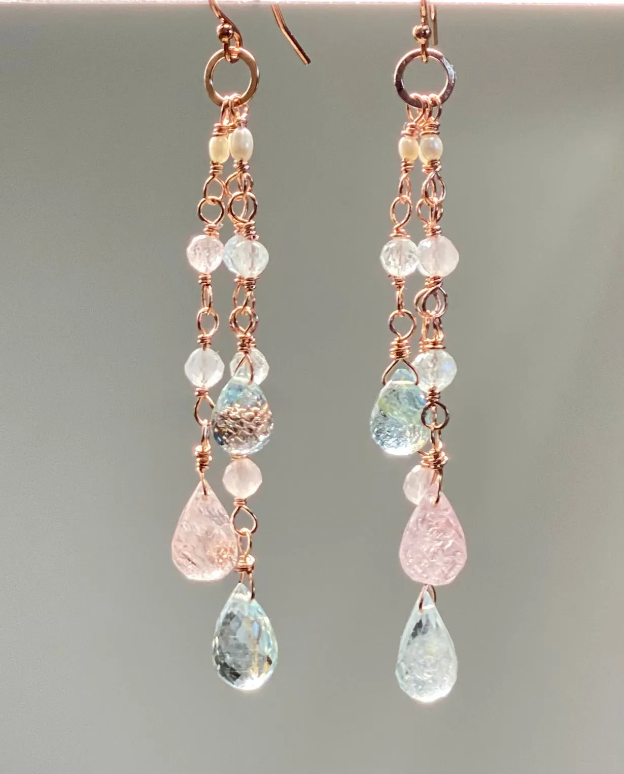 Rose Gold Aquamarine Gem Dangle Earrings, Long Tassel Style