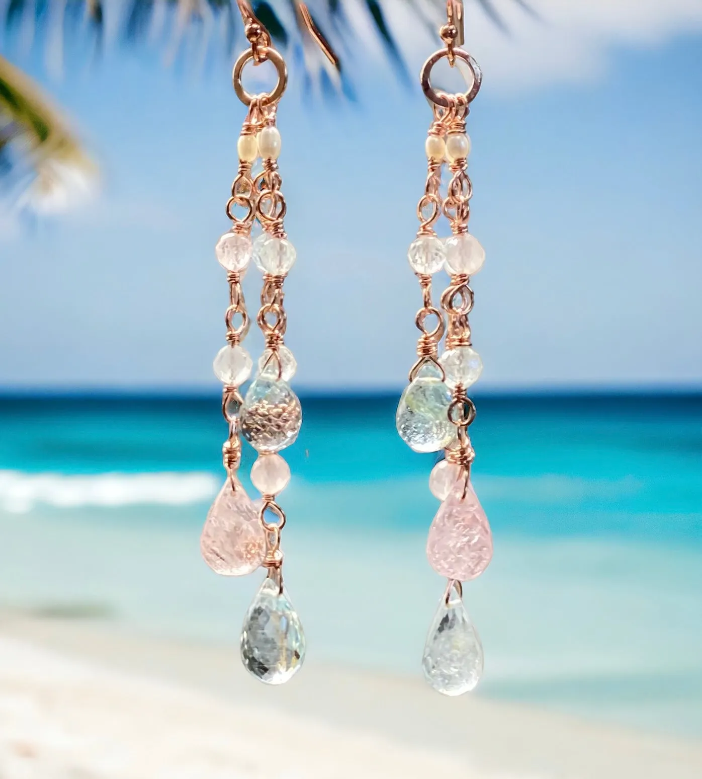 Rose Gold Aquamarine Gem Dangle Earrings, Long Tassel Style