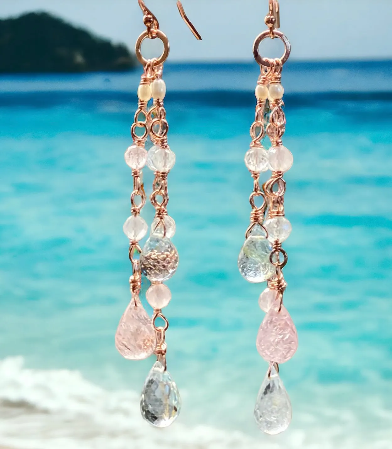 Rose Gold Aquamarine Gem Dangle Earrings, Long Tassel Style
