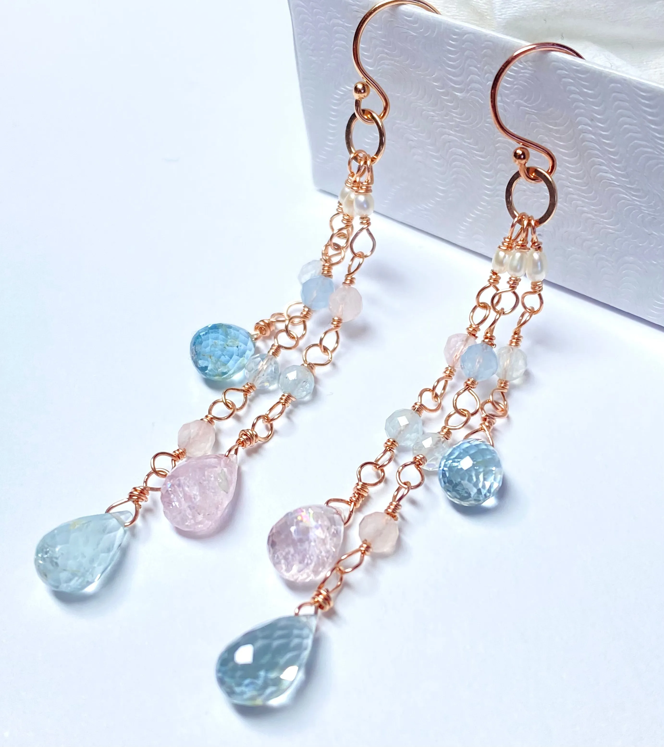 Rose Gold Aquamarine Gem Dangle Earrings, Long Tassel Style