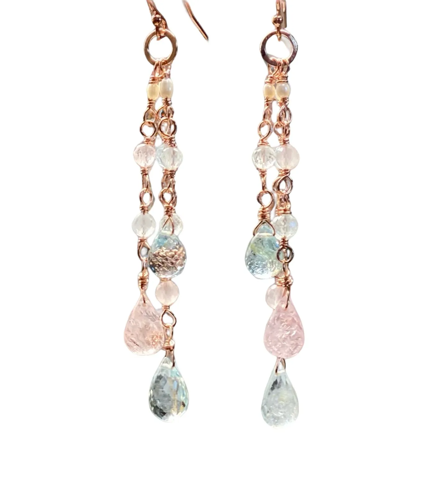 Rose Gold Aquamarine Gem Dangle Earrings, Long Tassel Style