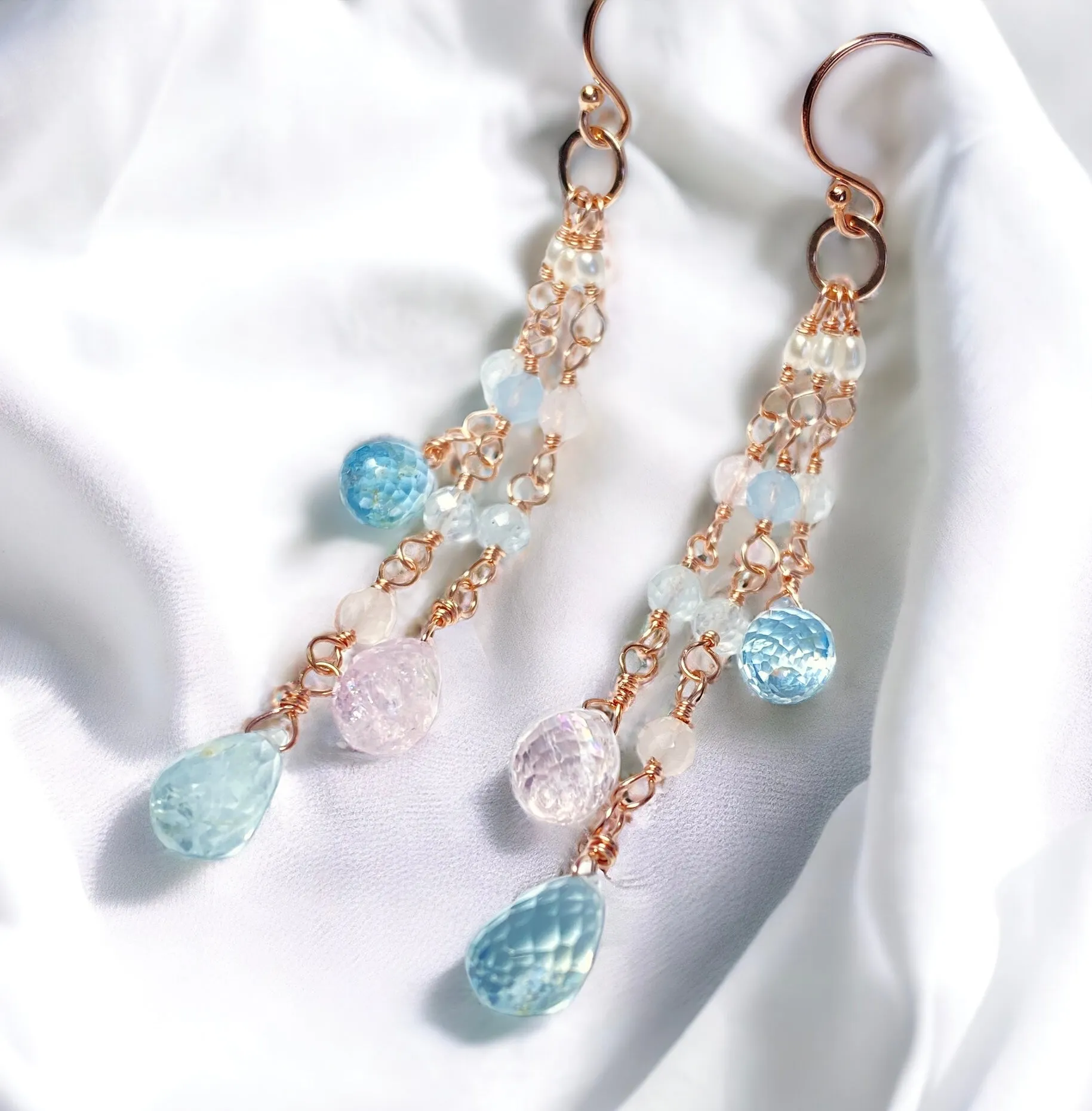 Rose Gold Aquamarine Gem Dangle Earrings, Long Tassel Style
