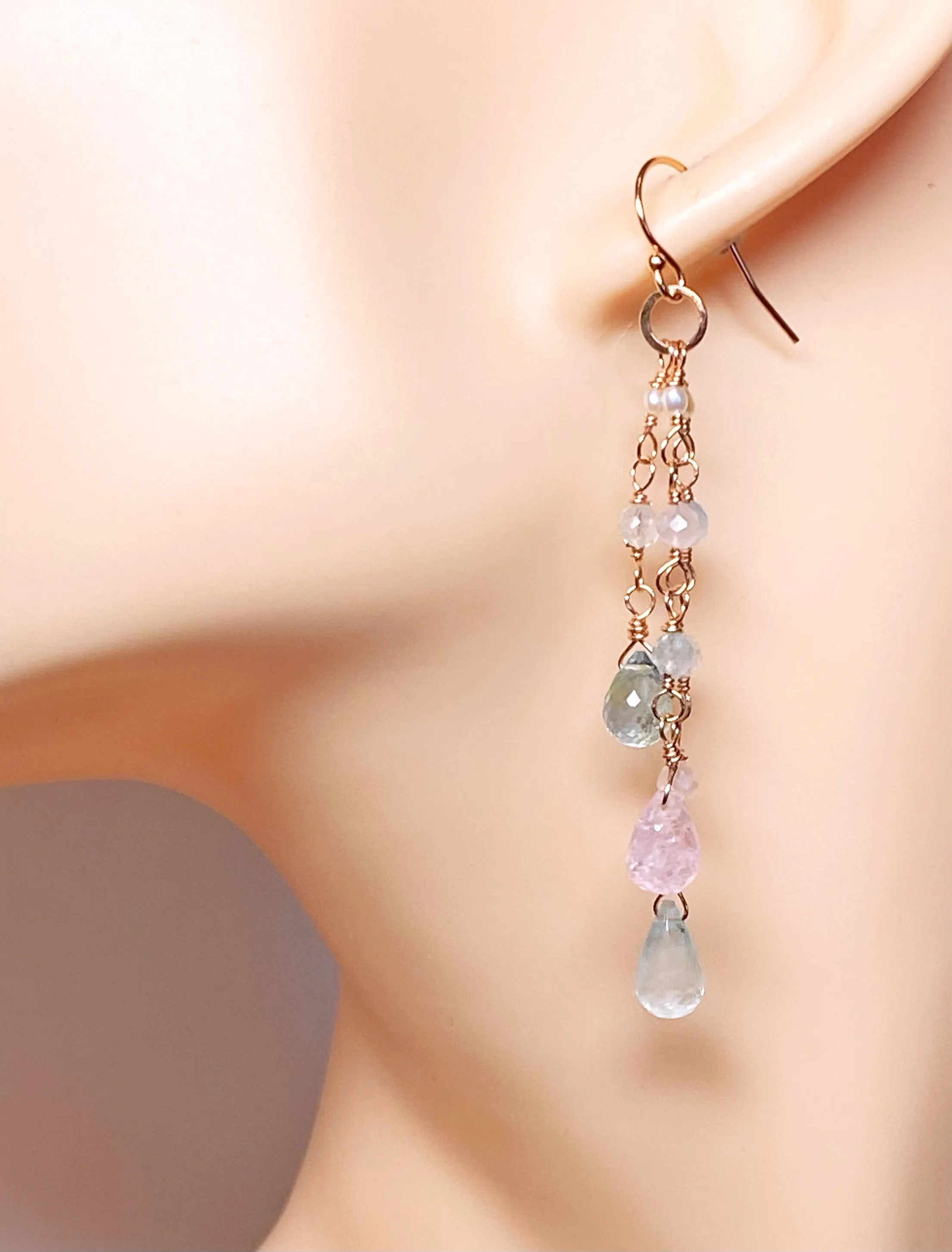 Rose Gold Aquamarine Gem Dangle Earrings, Long Tassel Style