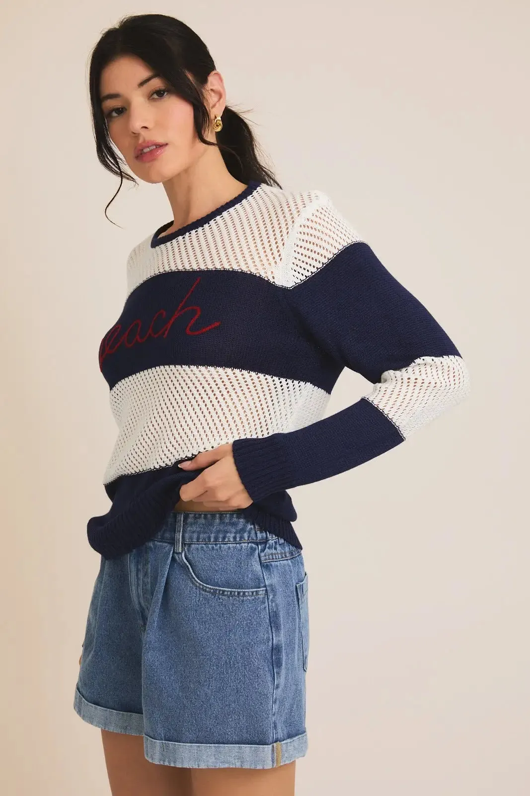 ROUND NECK LONG SLEEVE BEACH STRIPE LIGHT WEIGHT SWEATER