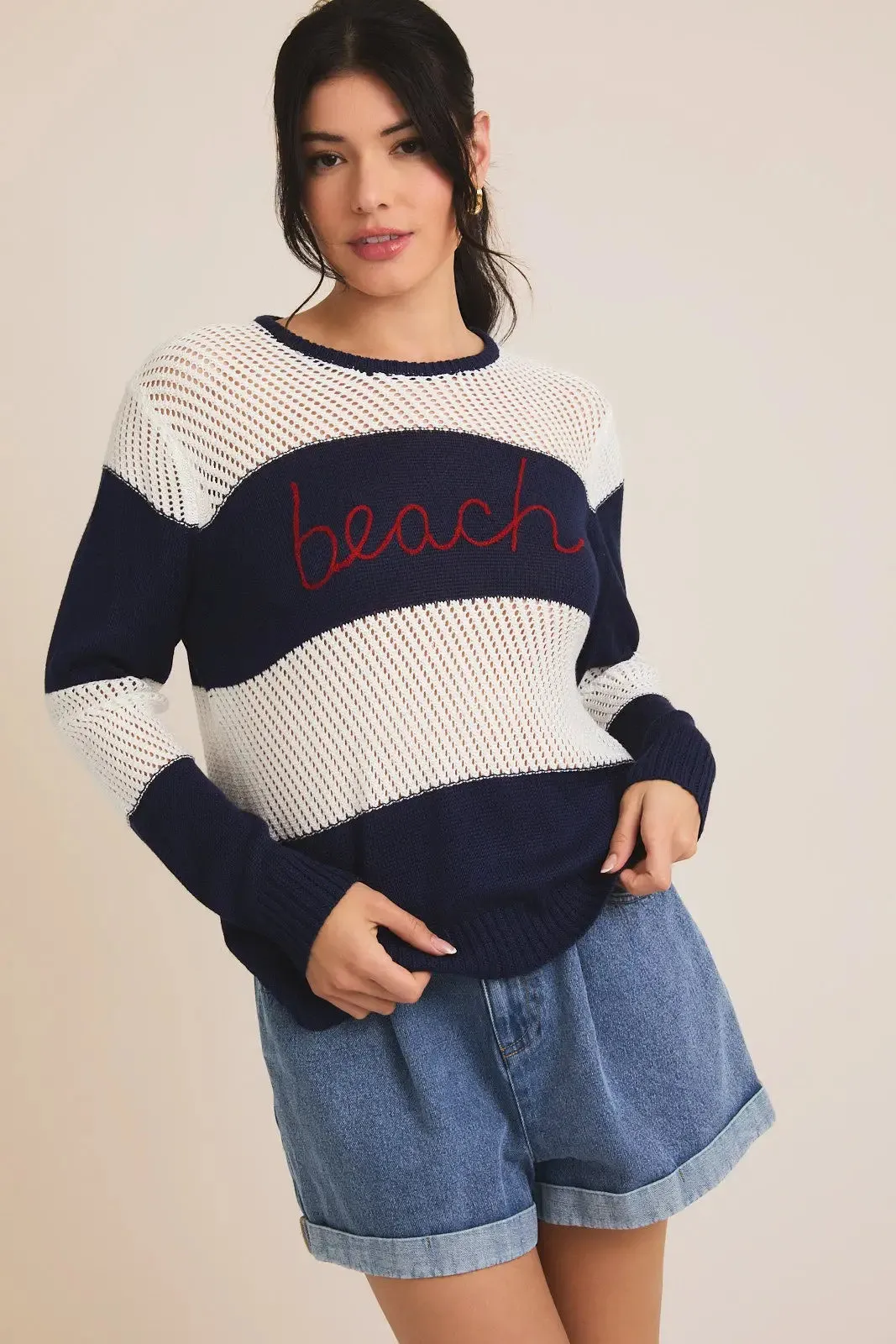 ROUND NECK LONG SLEEVE BEACH STRIPE LIGHT WEIGHT SWEATER