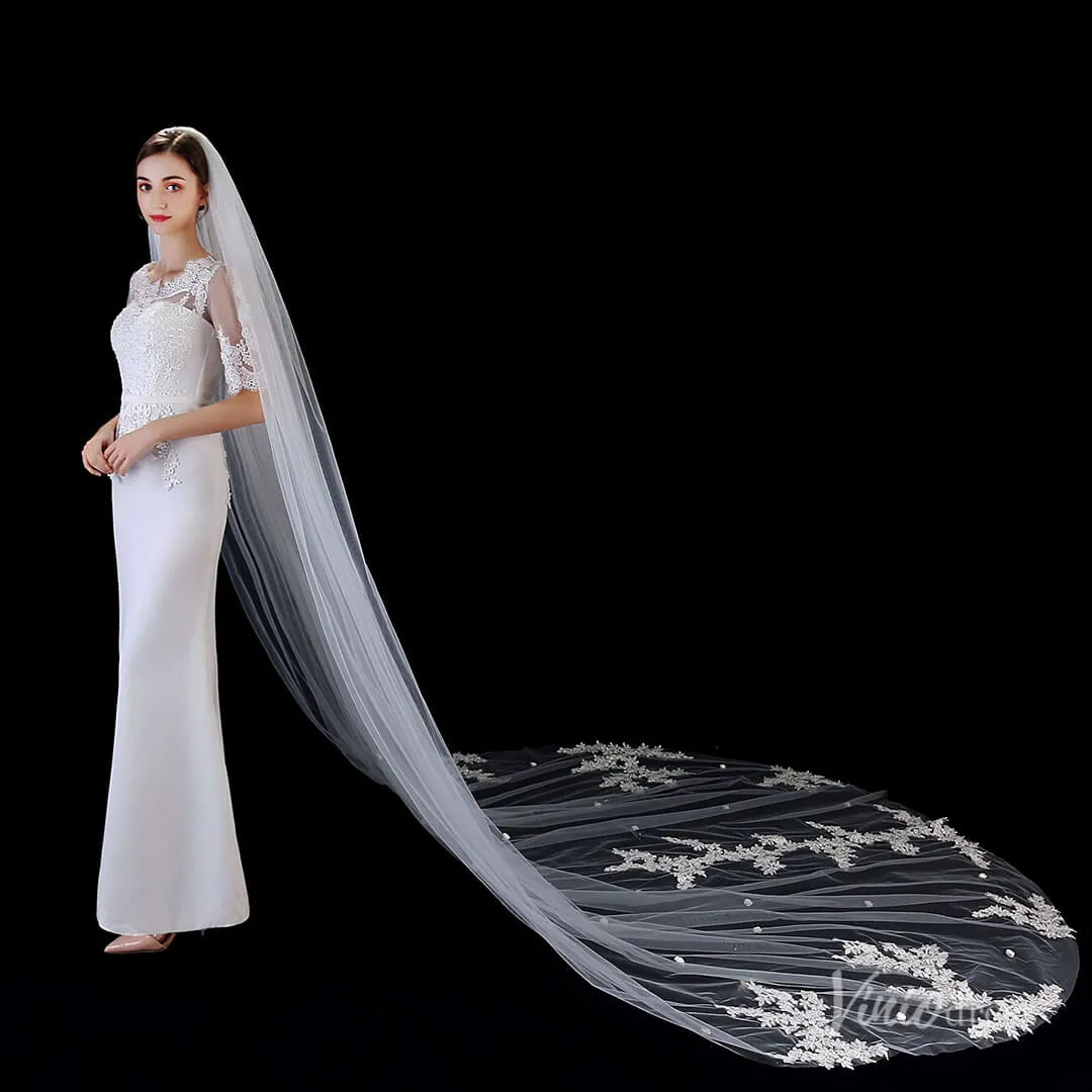 Roycebridal 1 Tier Lace Appliqued Cathedral Veil Viniodress TS1912