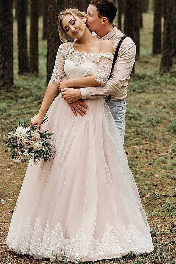 Roycebridal Pink Tulle Lace Backless Half Sleeves Lace Up Wedding Dresses, Bridal Gown, MW742