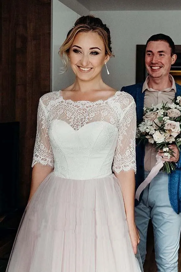 Roycebridal Pink Tulle Lace Backless Half Sleeves Lace Up Wedding Dresses, Bridal Gown, MW742