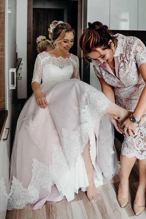 Roycebridal Pink Tulle Lace Backless Half Sleeves Lace Up Wedding Dresses, Bridal Gown, MW742