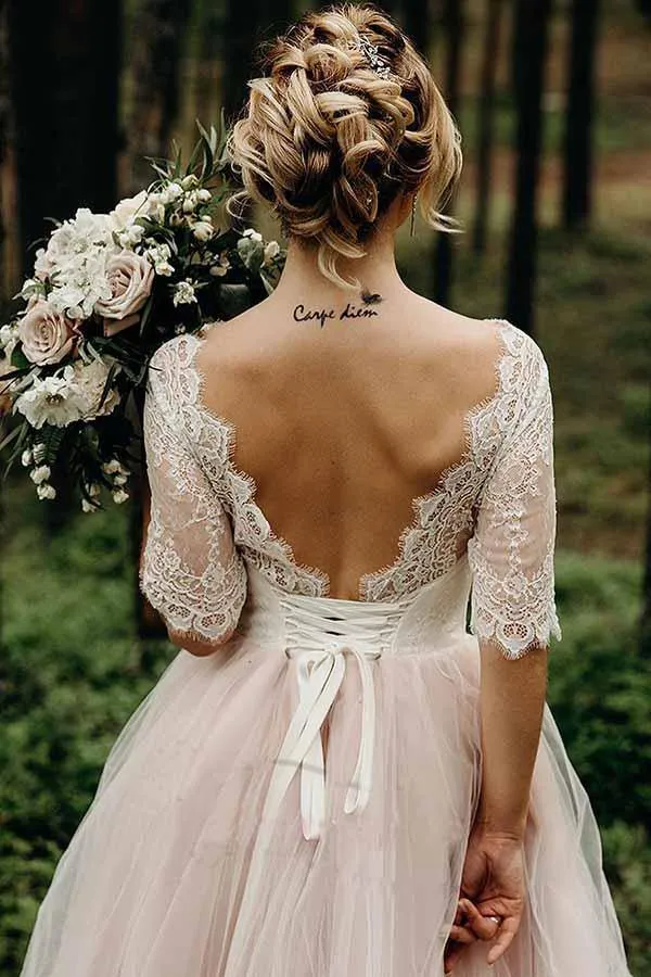 Roycebridal Pink Tulle Lace Backless Half Sleeves Lace Up Wedding Dresses, Bridal Gown, MW742