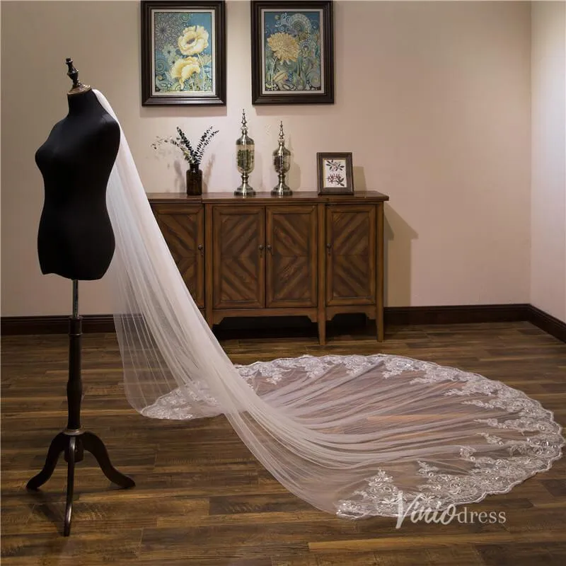 Roycebridal Sparkly Lace Appliqued 1 Tier Tulle Cathedral Veil Viniodress