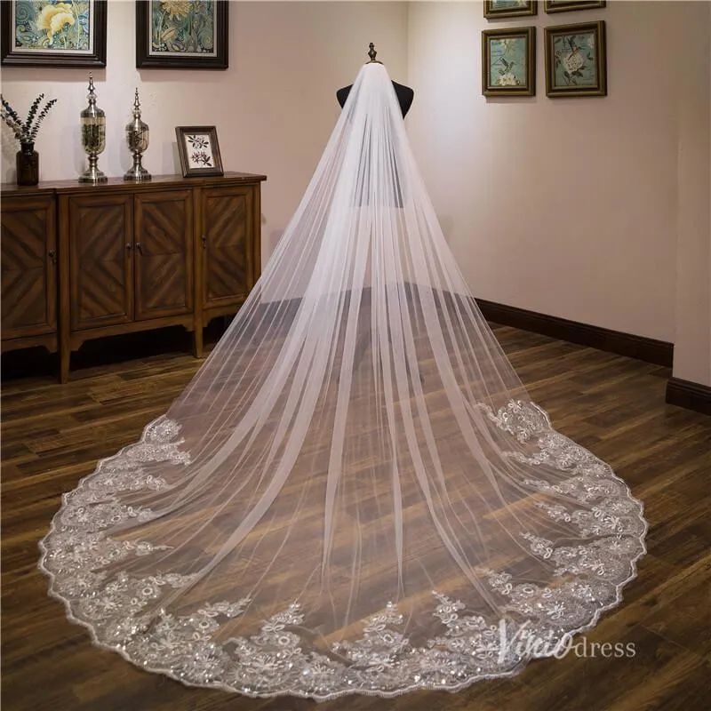 Roycebridal Sparkly Lace Appliqued 1 Tier Tulle Cathedral Veil Viniodress