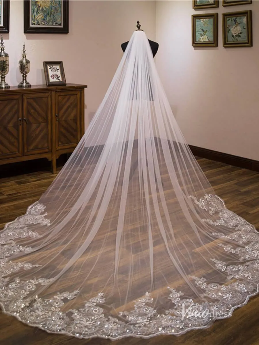 Roycebridal Sparkly Lace Appliqued 1 Tier Tulle Cathedral Veil Viniodress