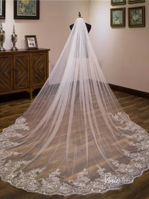 Roycebridal Sparkly Lace Appliqued 1 Tier Tulle Cathedral Veil Viniodress