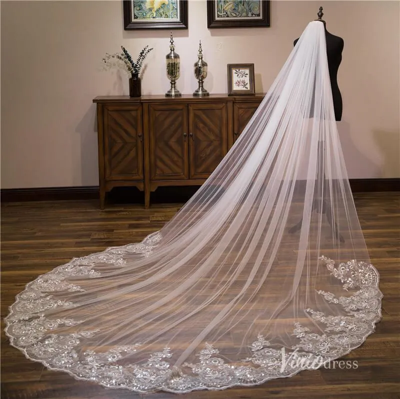Roycebridal Sparkly Lace Appliqued 1 Tier Tulle Cathedral Veil Viniodress
