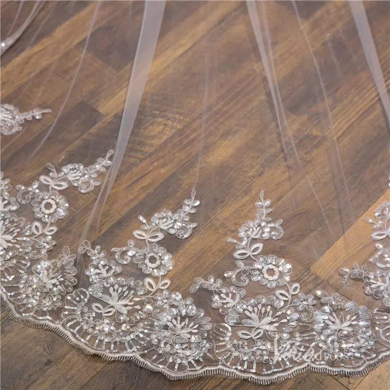 Roycebridal Sparkly Lace Appliqued 1 Tier Tulle Cathedral Veil Viniodress