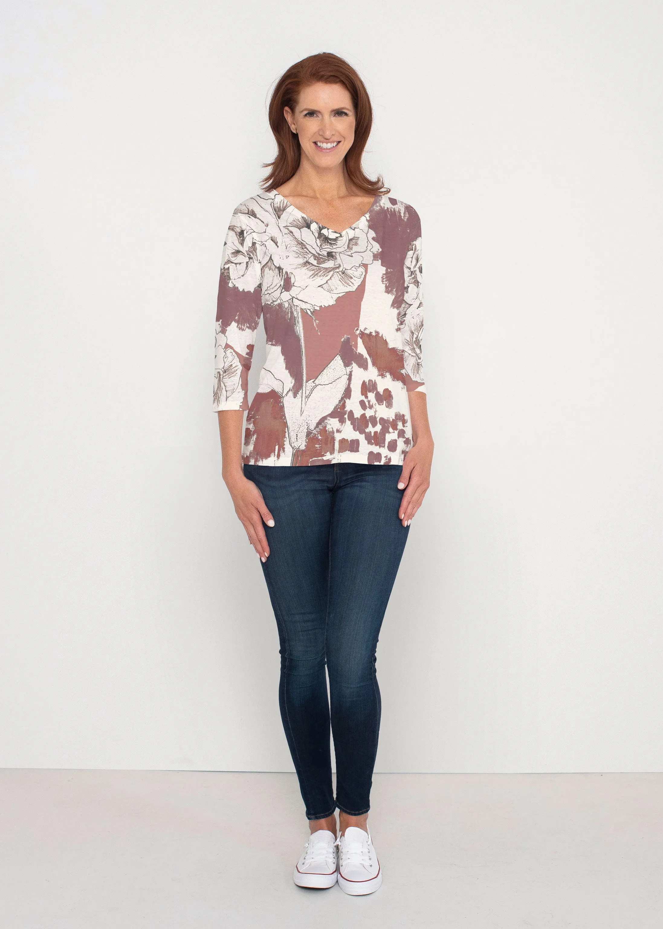 Rusty Rose (8062) ~ Signature 3/4 Sleeve V-Neck Top