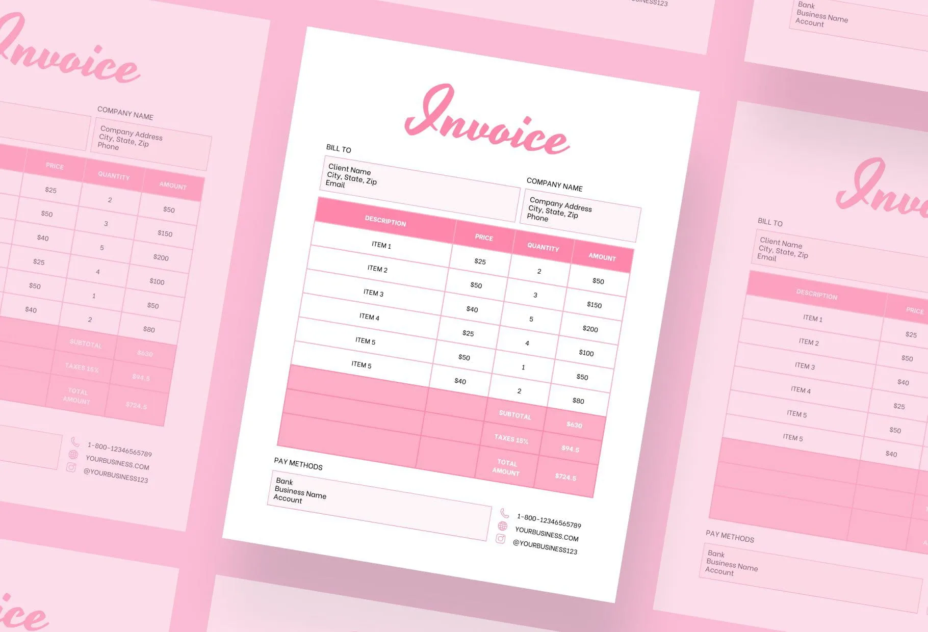 Salmon Pink Invoice Canva Template Printable and Editable