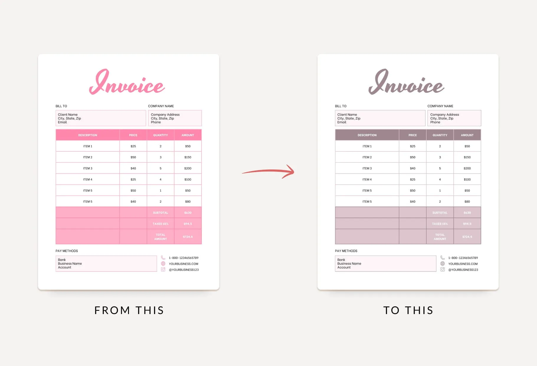 Salmon Pink Invoice Canva Template Printable and Editable