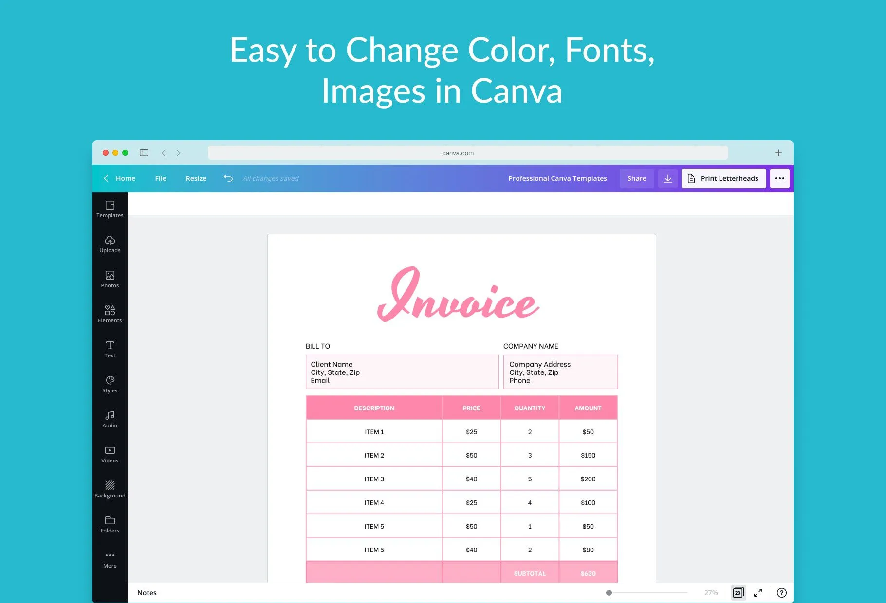 Salmon Pink Invoice Canva Template Printable and Editable
