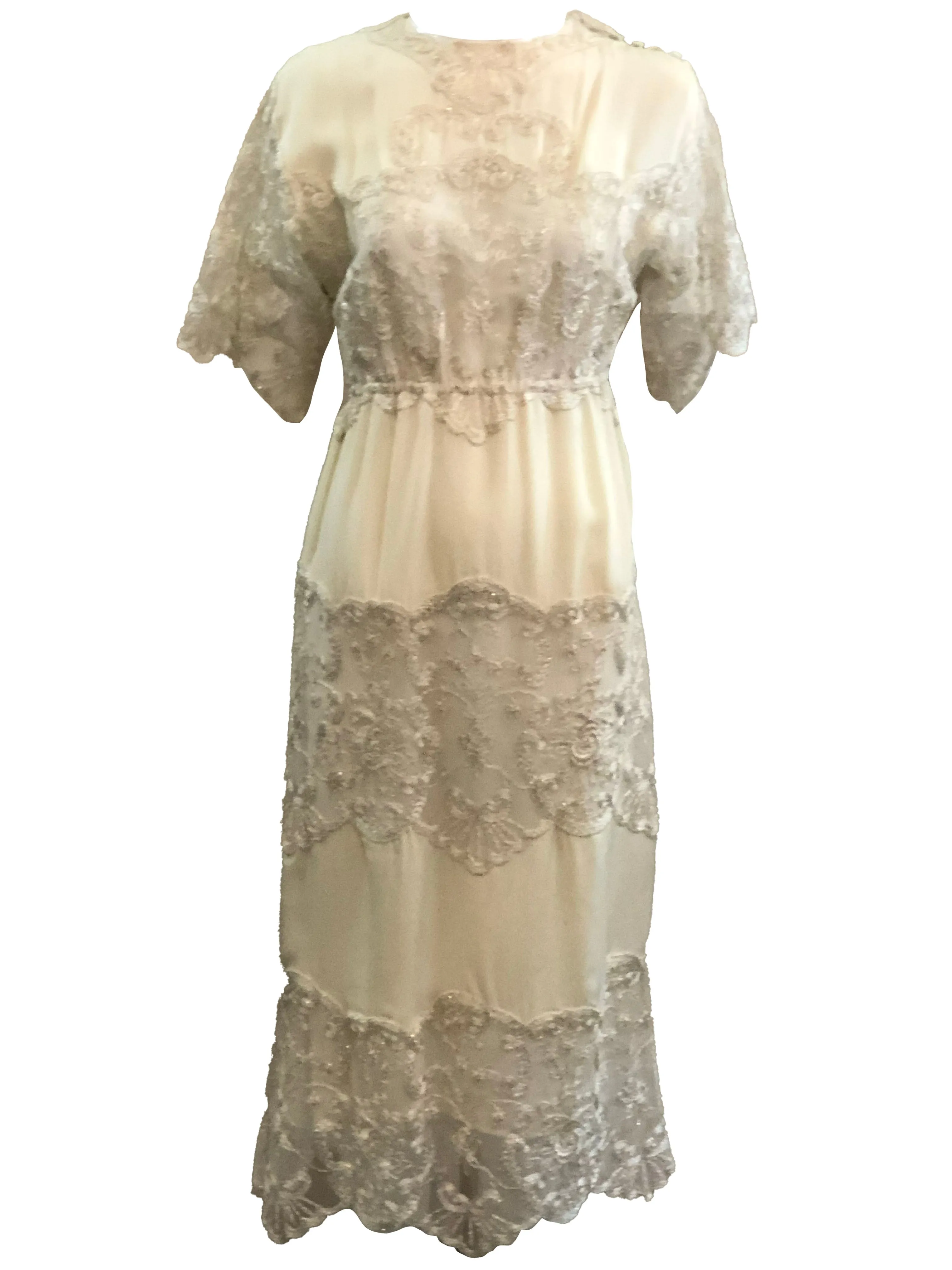 Sant Angelo Dress 70s Ivory Crepe and Silver Shot Lace