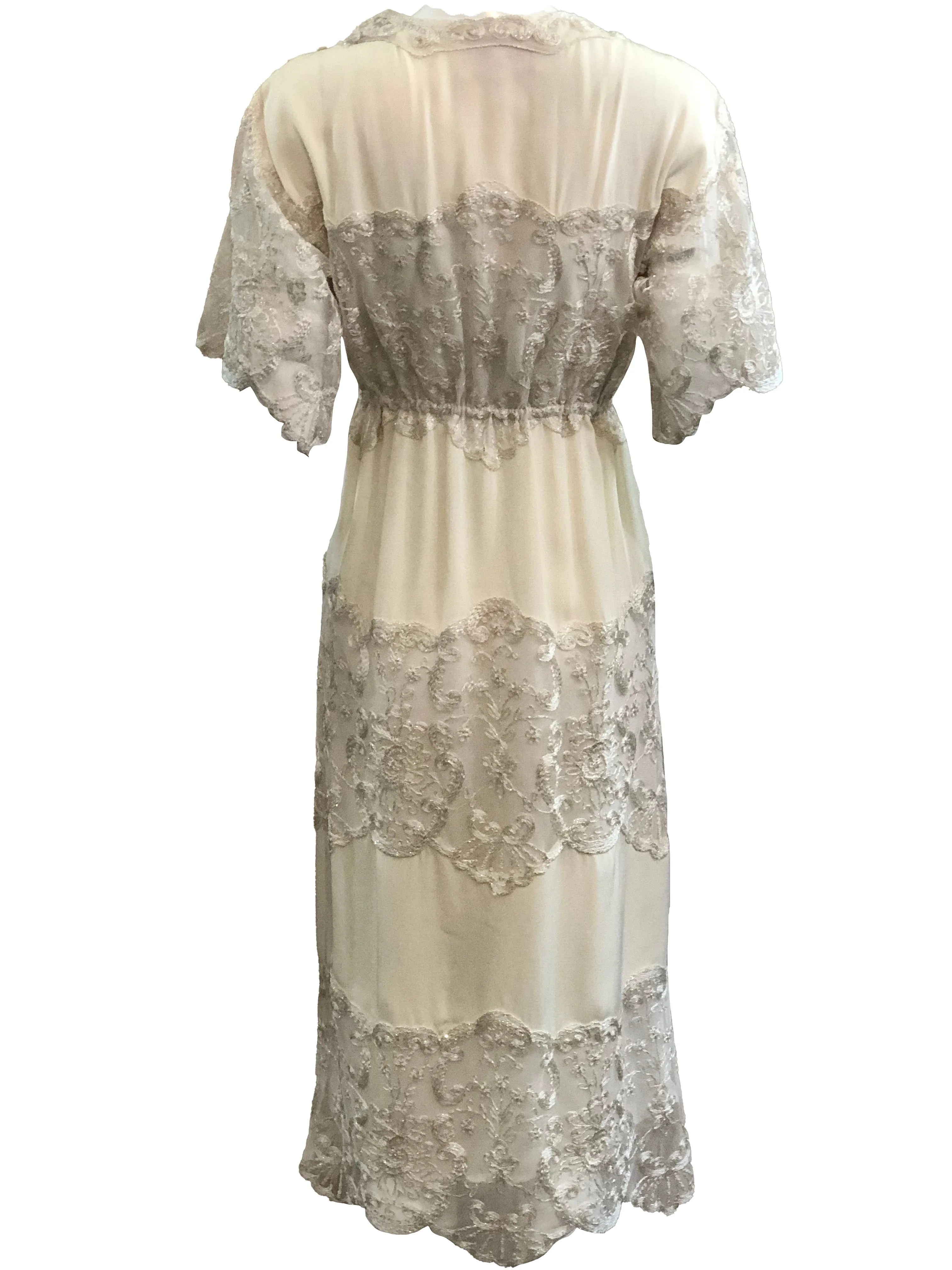 Sant Angelo Dress 70s Ivory Crepe and Silver Shot Lace