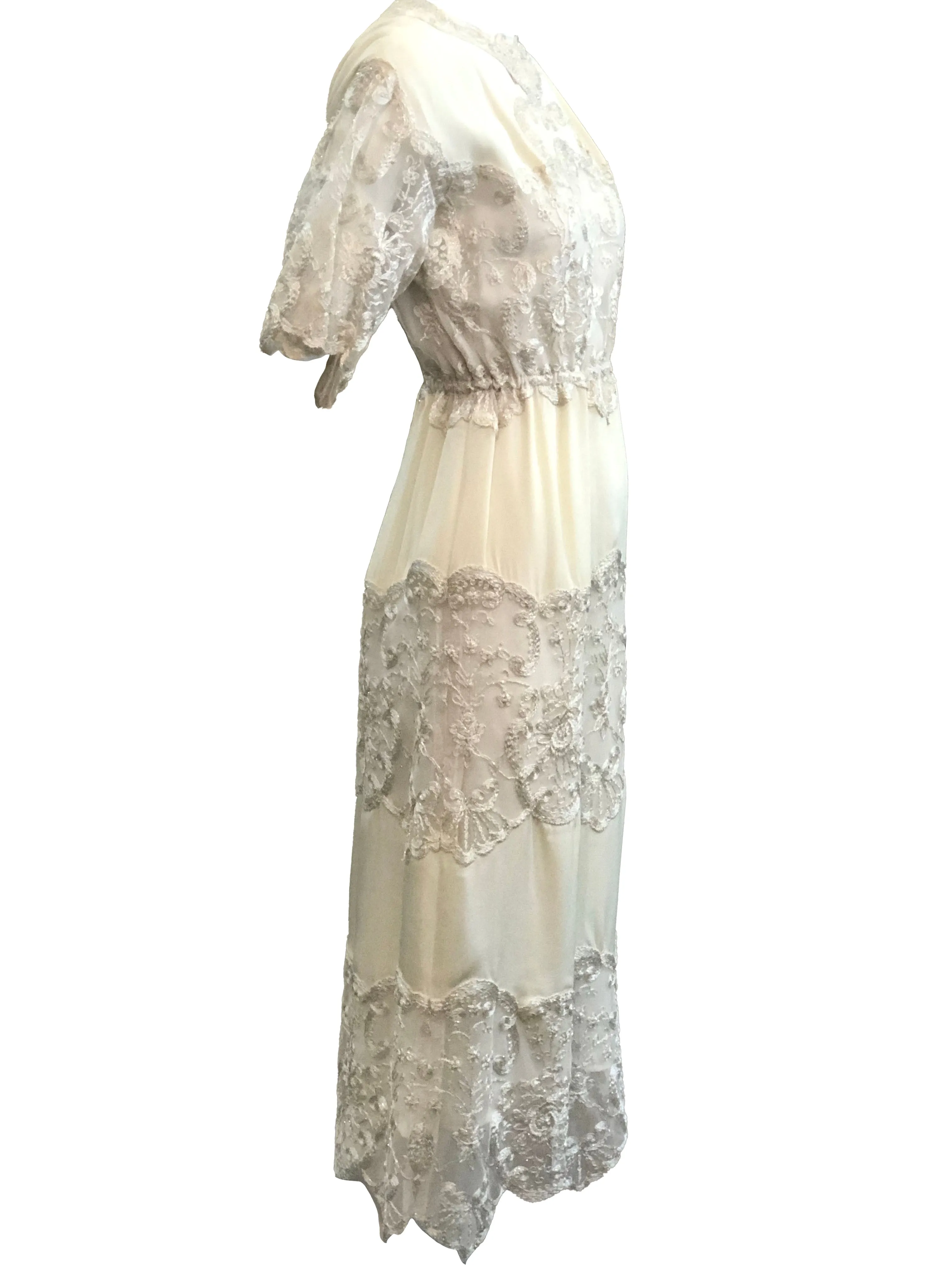 Sant Angelo Dress 70s Ivory Crepe and Silver Shot Lace