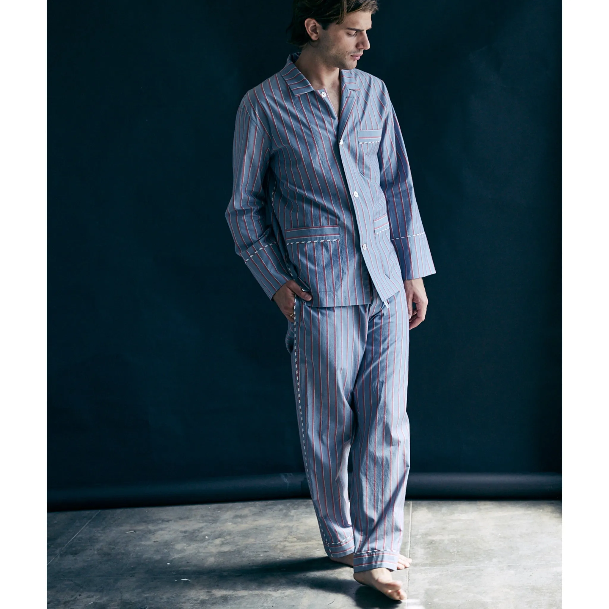 Saturn Pajama Pant in Grey and Red Stripe Italian Cotton