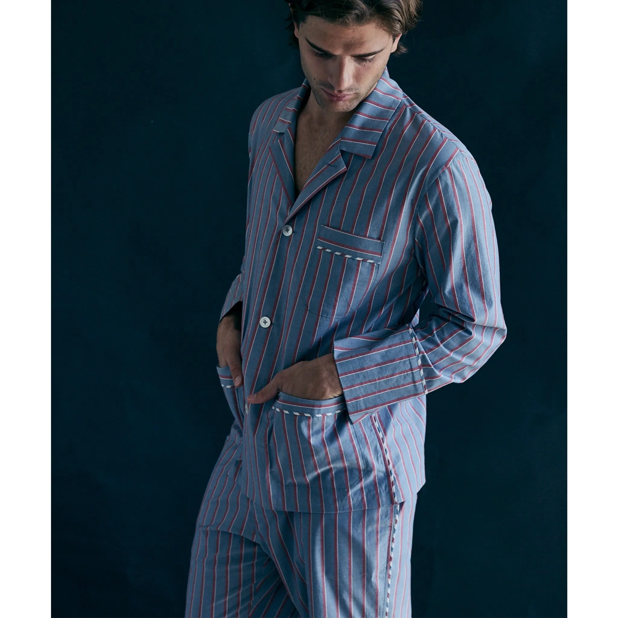 Saturn Pajama Pant in Grey and Red Stripe Italian Cotton