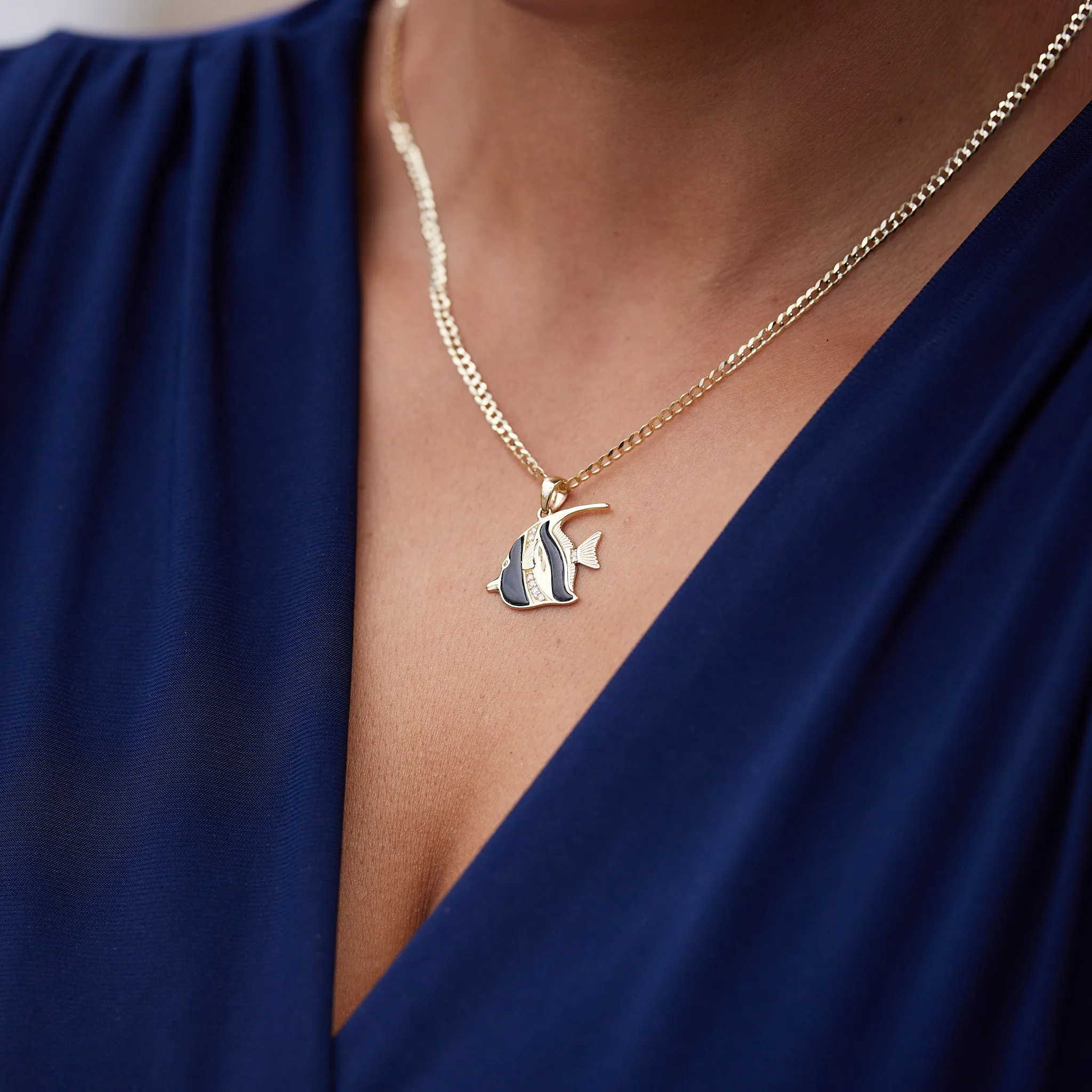 Sealife Angelfish Black Coral Pendant in Gold with Diamonds - 23mm