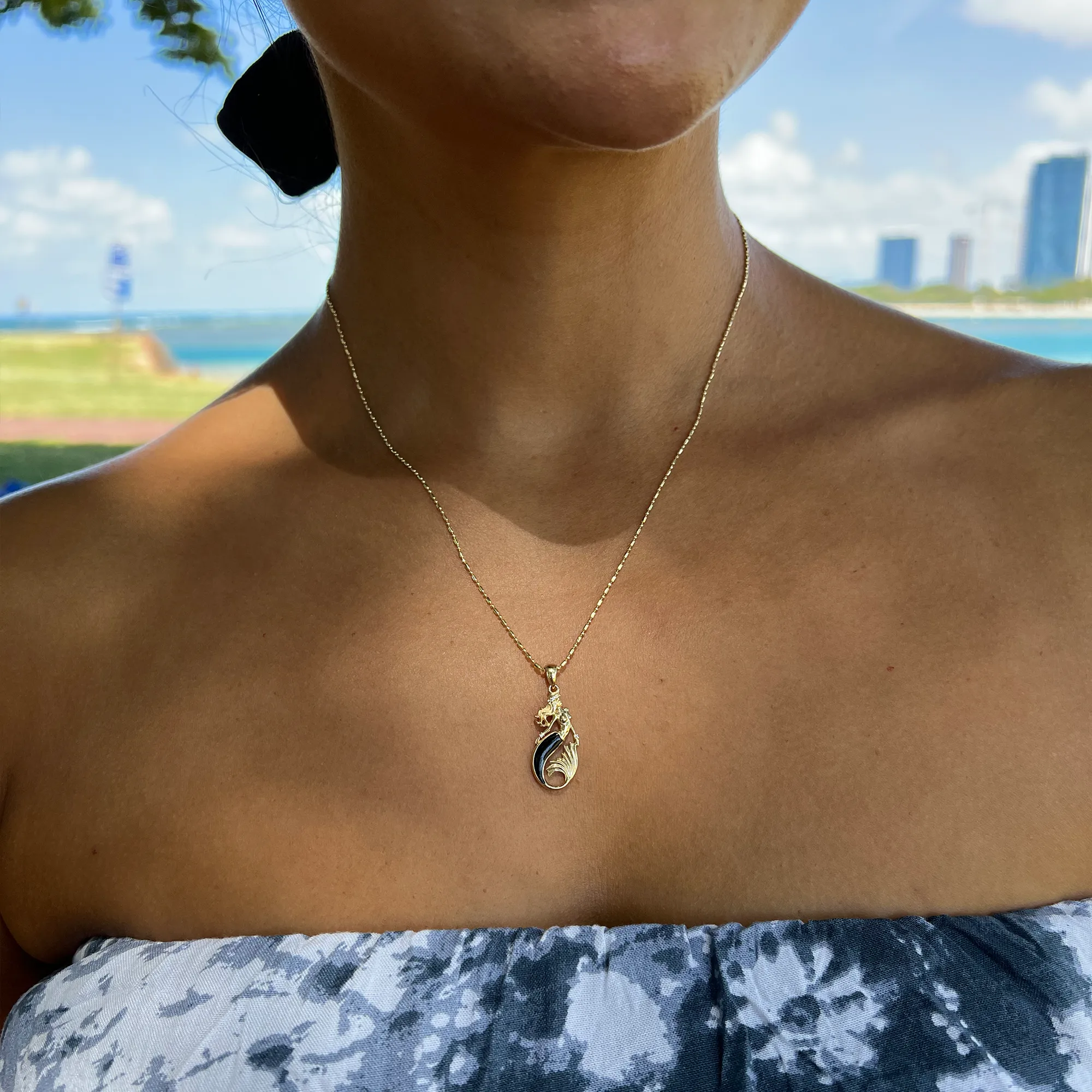 Sealife Mermaid Black Coral Pendant in Gold with Diamonds - 24mm