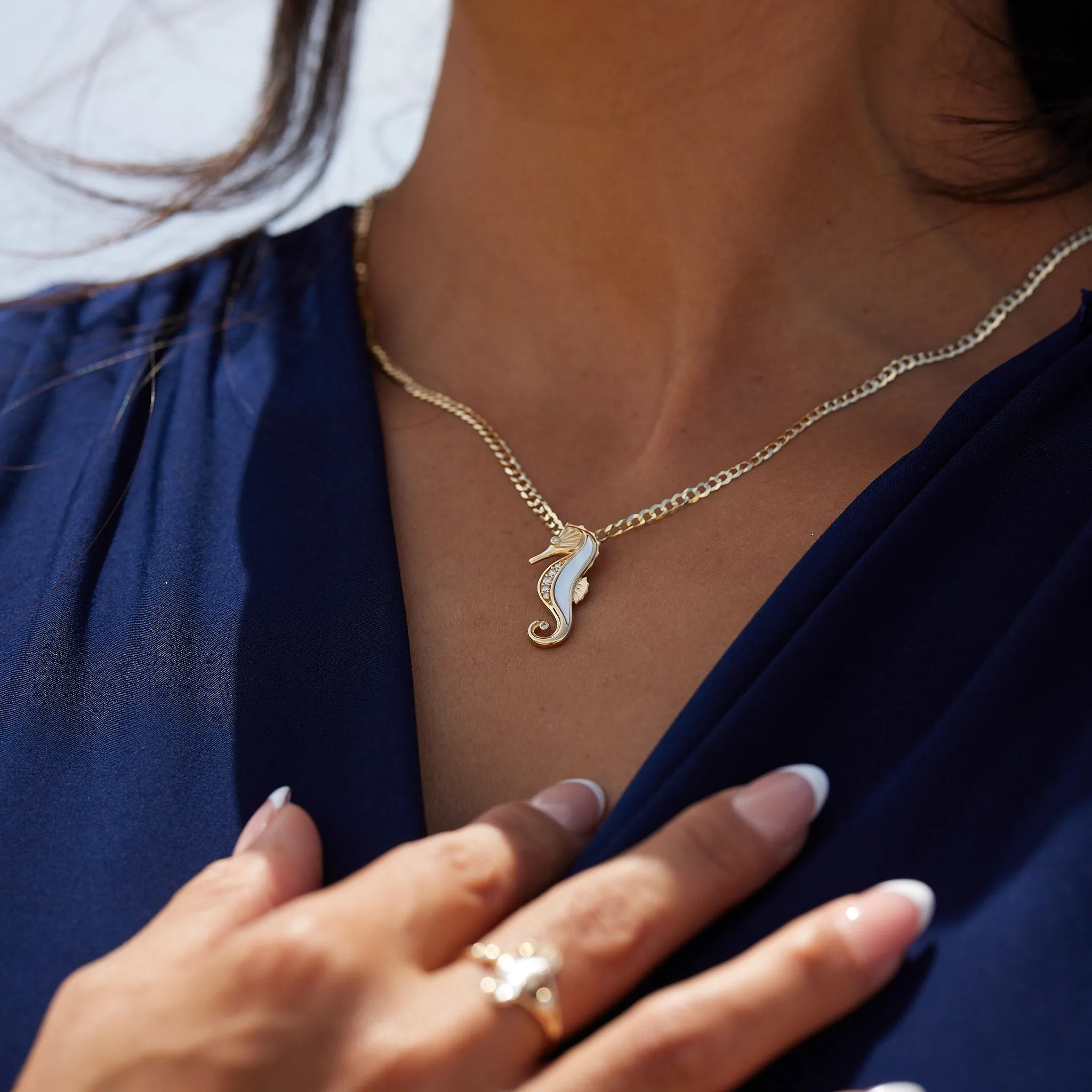 Sealife Seahorse Mother of Pearl Pendant in Gold with Diamonds- 27mm