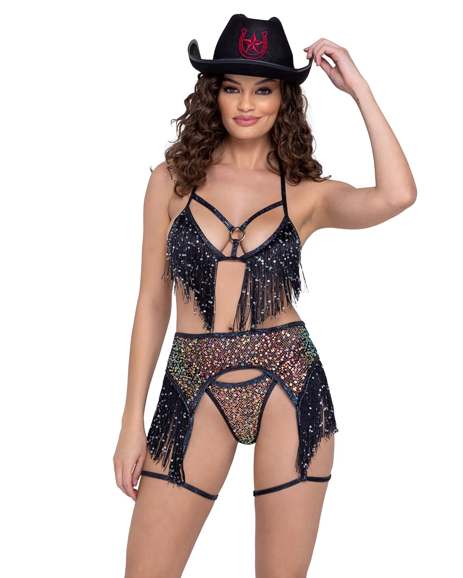 Sequin Fishnet Garter Belt - White 6223