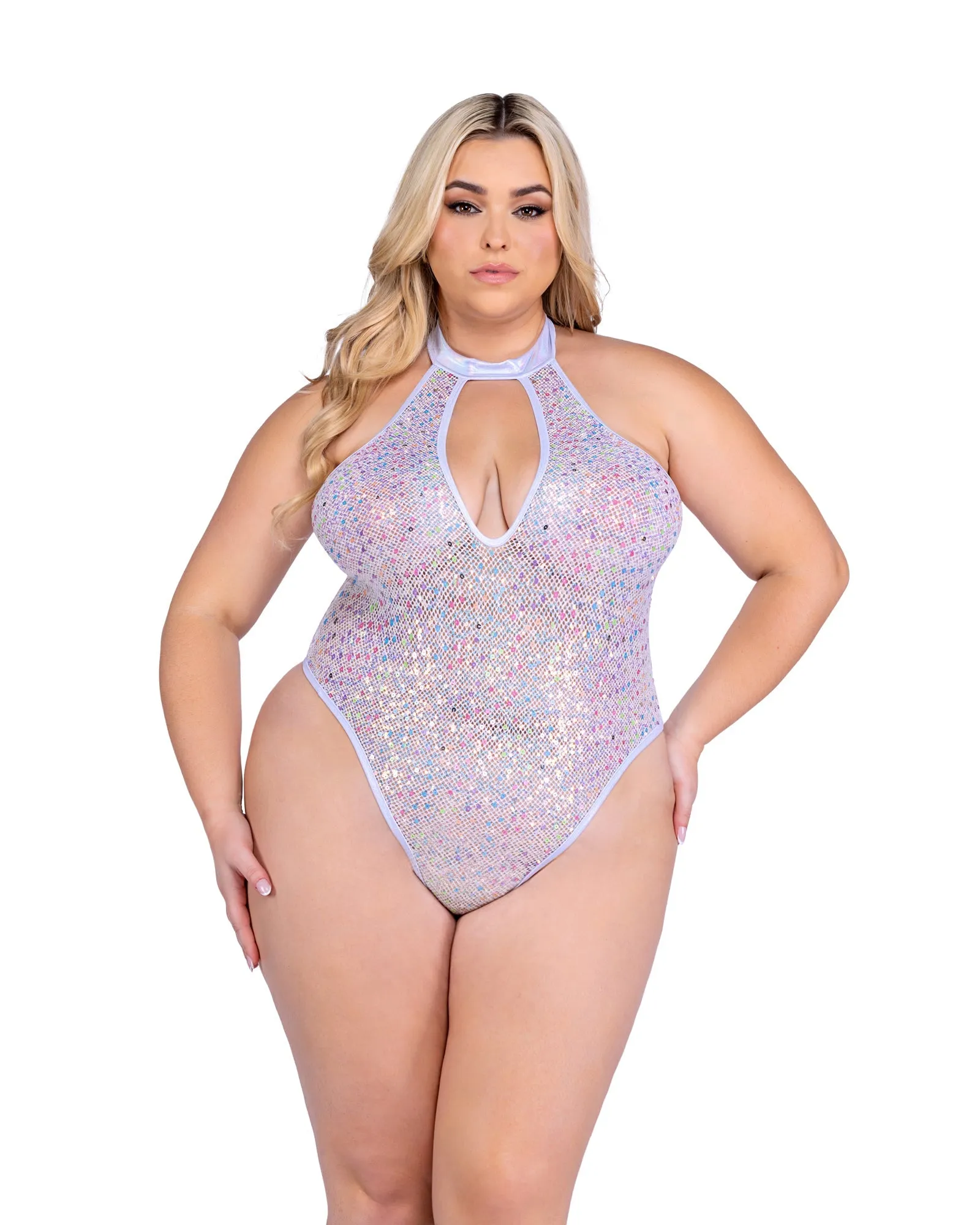 Sequin Fishnet Keyhole Romper - White 6431