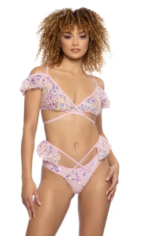 Sequin Lace Ruffle Wrap Top - Pink JR128
