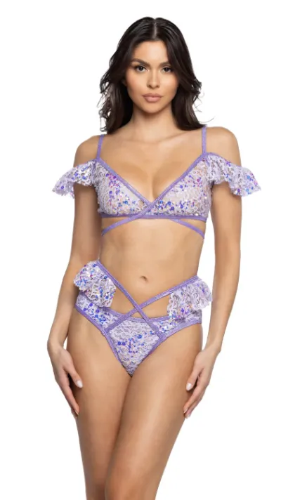 Sequin Lace Ruffle Wrap Top - Pink JR128