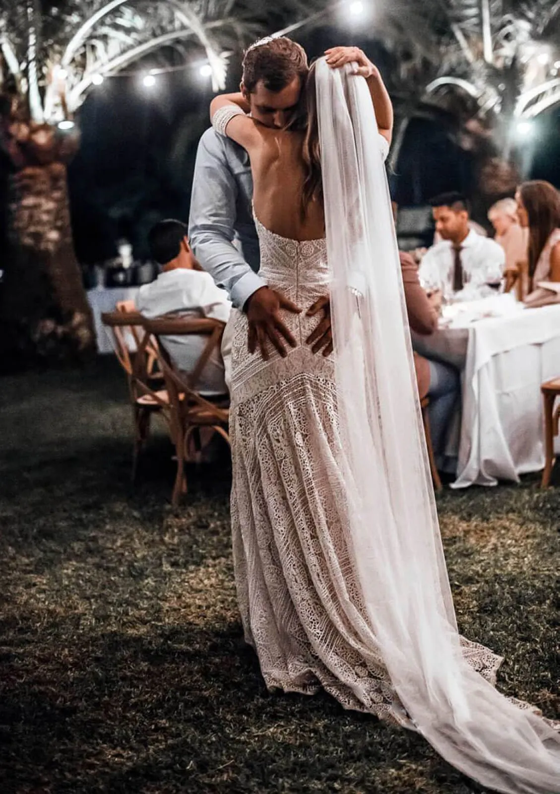 Sheath/Column Off Shoulder Sweep Train Lace Wedding Dress